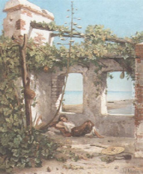 A Mediterranean Courtyard With A Woman Resting In The Shade Oil Painting by Jean d' Alheim