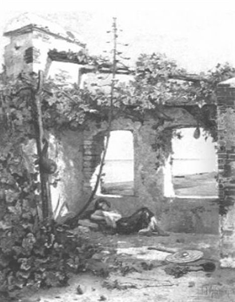 A Girl Sleeping Under A Pergola In A Coastal Landscape Oil Painting by Jean d' Alheim