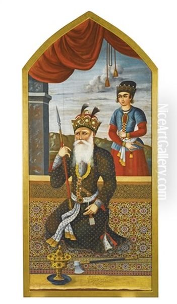 A Monumental Portrait Of King Jamshid Oil Painting by Mihr 'Ali