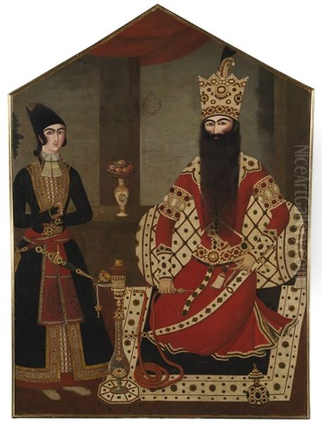 Qajar Royal Portrait Of Fath'ali Shah Attended By A Prince Oil Painting by Mihr 'Ali