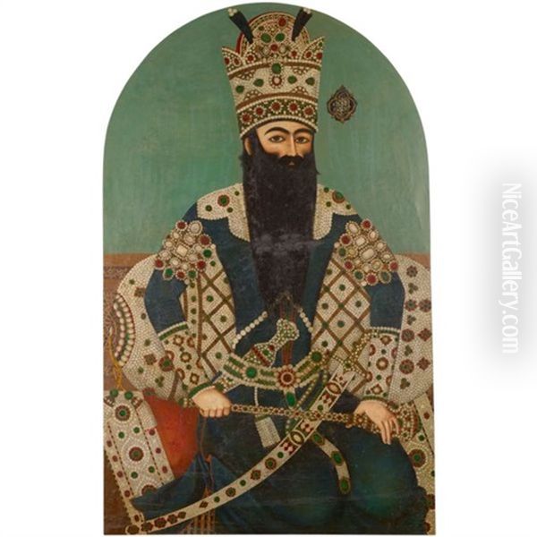 A Portrait Of Fath'ali Shah Qajar, Seated Against A Jewelled Bolster On A Pearl Edged Rug Oil Painting by Mihr 'Ali