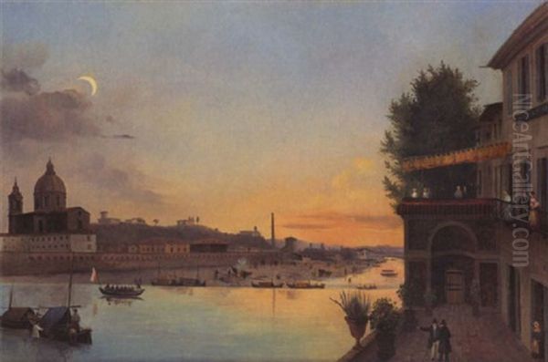 Abendstimmung Am Arno In Florenz, Im Hintergrund San Frediano In Cestello, Im Vordergrund Die Terrasse Des Hotels D'italia Oil Painting by Lorenzo Aliani