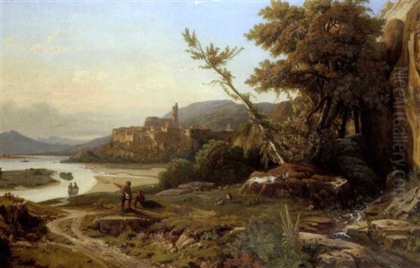 Vue De Viviez (arrondissement De Privas, Pres Du Rhone) Oil Painting by Theodore Claude Felix Caruelle d' Aligny