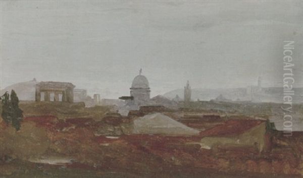 A View Overlooking A City, Roman Ruins And A Cupola Visible On The Horizon Oil Painting by Theodore Claude Felix Caruelle d' Aligny