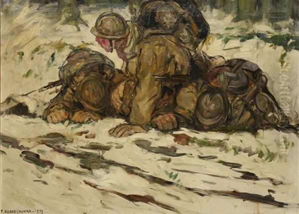 First World War Soldiers Sheltering On A Battlefield by Fernand Allard L'Olivier