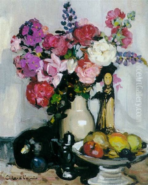 A Still Life With Pink Flowers And A Chinese Statue Oil Painting by Fernand Allard L'Olivier