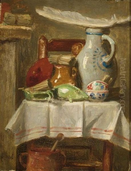 A Still Life With Stoneware Jugs And A Feather On A Kitchen Chair Oil Painting by August Allebe