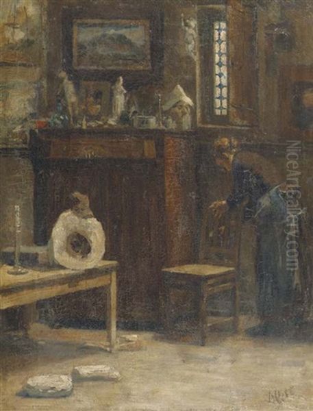 Cleaning The Studio Oil Painting by August Allebe