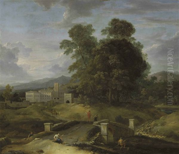 An Italianate River Landscape With A Fisherman, A Shepherd And Travelers On A Path, A Walled Town Beyond Oil Painting by Etienne Allegrain