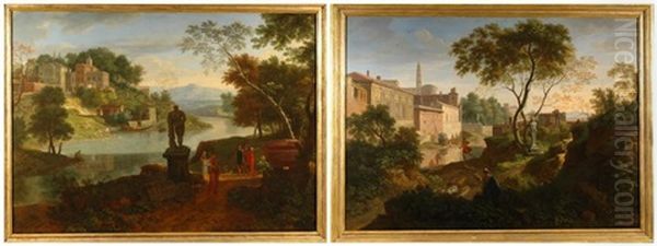 Paysage Arcadien Anime De Personnages Vetus A L'antique, L'hercule Farnese Au Milieu Sur Un Piedestal En Pierre, Une Villa Romaine Sur Les Hauteurs Et En Contre Bas Le Meandre D'un Fleuve Et Paysage Classique Anime D'une Vaste Architecture D'ou Emergent T Oil Painting by Etienne Allegrain