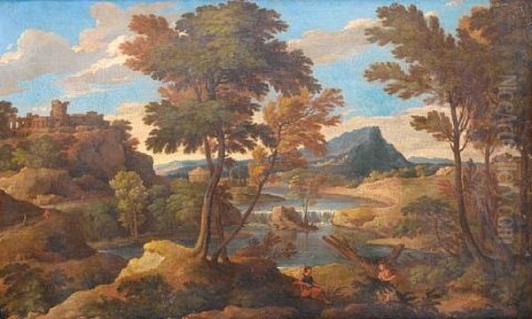 A Wooded River Landscape With Figures Resting Beside A Path (+ A River Landscape With Classical Figures Before A Waterfall; Pair) Oil Painting by Etienne Allegrain