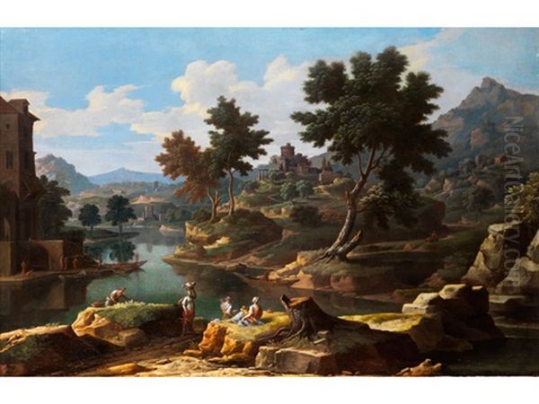 Italienische Landschaft Mit Wascherinnen, Fischern Und Burg Oil Painting by Etienne Allegrain