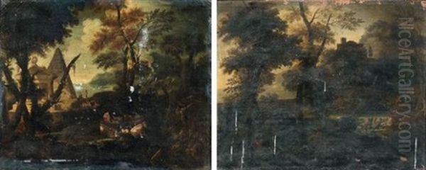 Paysage A La Pyramide (+ Paysage Au Chateau Fortifie; Pair) Oil Painting by Etienne Allegrain