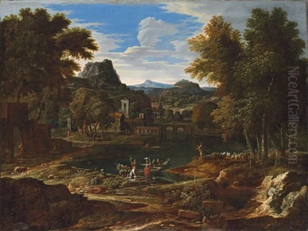 An Extensive Classical Landscape With Figures Unloading A Boat Oil Painting by Etienne Allegrain