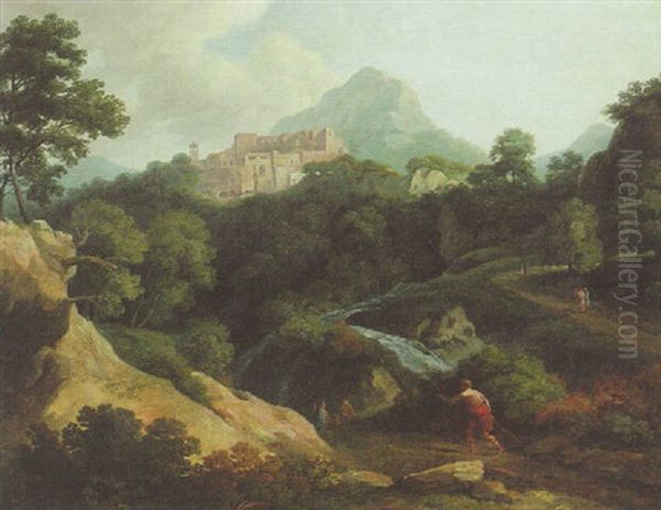 A Classical Italianate Landscape With Figures On A Track, A Hilltop Town Beyond Oil Painting by Etienne Allegrain