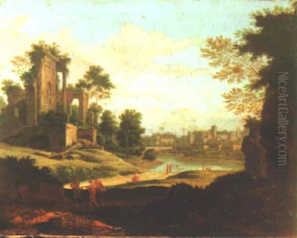 Landscape With Figures Beside Ruins, A River Beyond Oil Painting by Etienne Allegrain