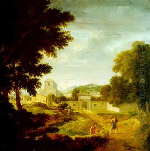 A Classical Italianate Landscape With Water Carriers On A Track Before A Walled Town Oil Painting by Etienne Allegrain