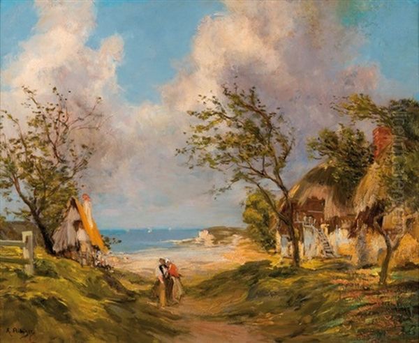 Personnages Sur Le Chemin En Bord De Cote Oil Painting by Raymond Allegre