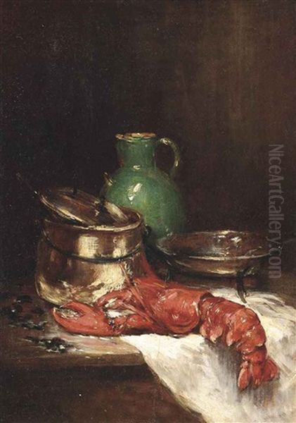 Lobster With Mussels, A Green Jug And Cooking Utensils On A Ledge Oil Painting by Raymond Allegre