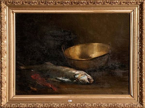 Nature Morte Aux Poissons Et Au Cuivre Oil Painting by Raymond Allegre