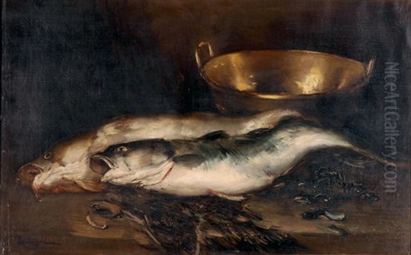 Grosses Fischstillleben Mit Kupferkessel Oil Painting by Raymond Allegre