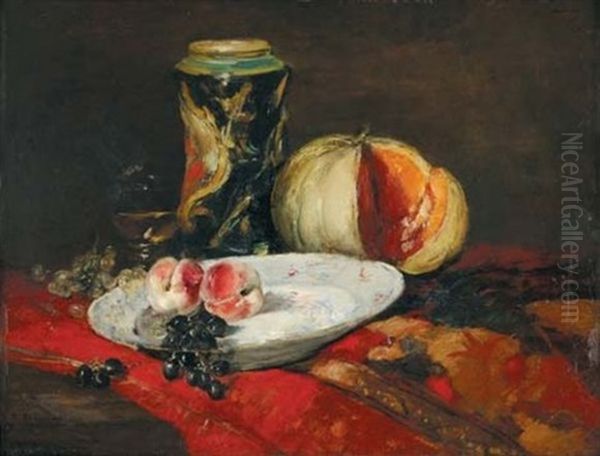 Melon, Vase Et Fruits Oil Painting by Raymond Allegre