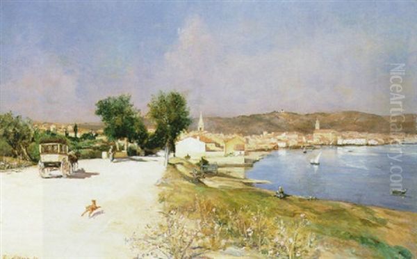 Diligence Aux Abords Du Village De Martigues Sur L'etang De Berre Oil Painting by Raymond Allegre