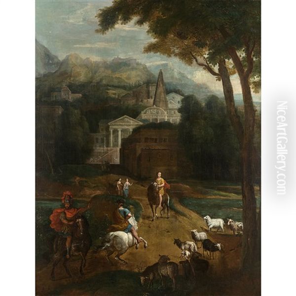 Cavaliers Devant Une Ville Antique Oil Painting by Francesco (da Gubbio) Allegrini