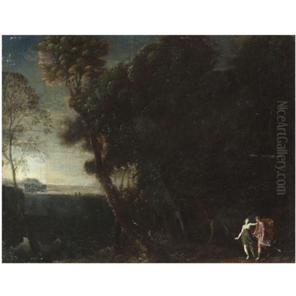 A Wooded Landscape With Two Hunters (cephalus And Procris?) Oil Painting by Francesco (da Gubbio) Allegrini