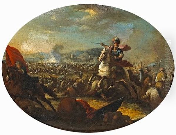 A Battle Scene With A Mounted Warrior In The Foreground Oil Painting by Francesco (da Gubbio) Allegrini