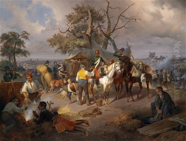 Reges Treiben Im Feldlager Des Kaiserlichen Husarenregiments Nr. 5 Karl Albrecht Konig Von Sardinien Oil Painting by Friedrich L' Allemand