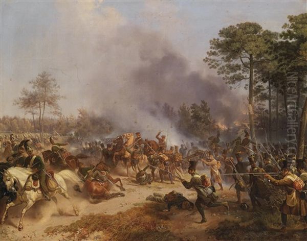 Gefecht Osterreichischer Infanterie Truppen (hilfscorps Im Dienste Napoleons) Gegen Russische Artellerie Und Dragoner 1812 Oil Painting by Friedrich L' Allemand