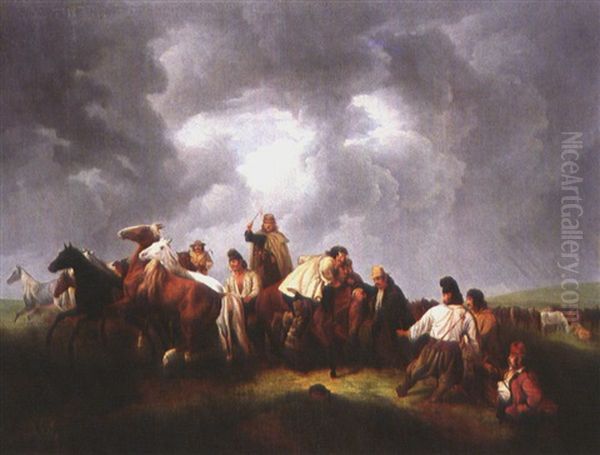 Herdenauftrieb In Der Puszta Oil Painting by Friedrich L' Allemand