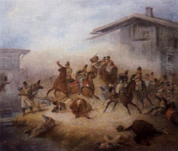 Osterreichische Kavallerie Im Gefecht Gegen Bayerische Infanterie In Einem Dorf Oil Painting by Friedrich L' Allemand