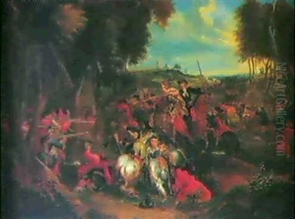 Batalj Mellan Osterrikiska Och Turkiska Trupper Oil Painting by Friedrich L' Allemand