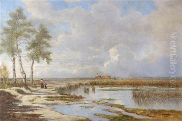 Promenade Et Labour Au Bord De L'etang Oil Painting by Hector Louis Allemand