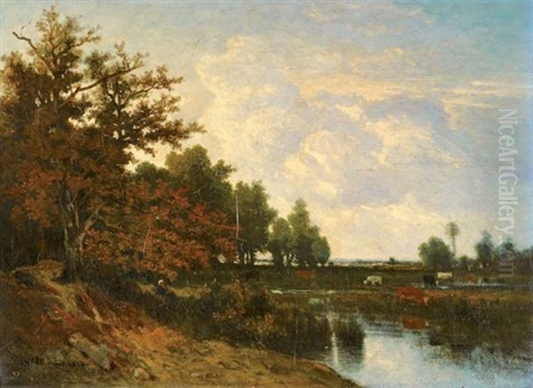 Vaches Au Bord De L'etang Oil Painting by Hector Louis Allemand