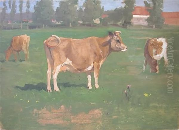 Cows In A Meadow, Buildings And Trees In The Background Oil Painting by Thomas Allen Jr.