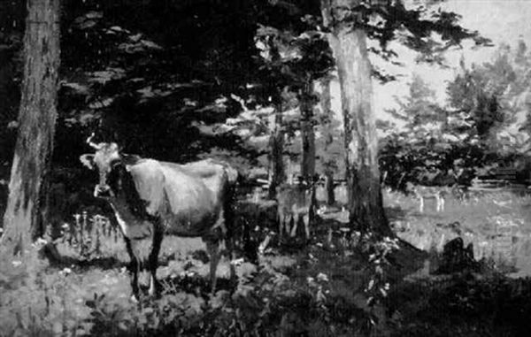 Landscape With Cows In A Field With Trees Oil Painting by Thomas Allen Jr.