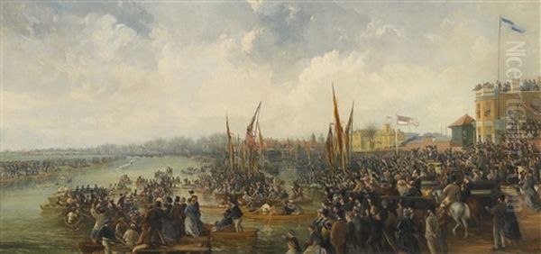 The Finishing Line Of The Oxford And Cambridge Boat Race At Mortlake Oil Painting by James Baylis Allen