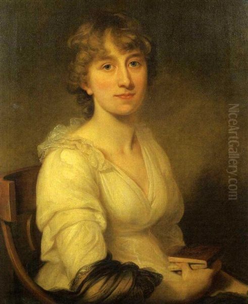 Portrait Of A Woman Seated, Wearing A White Dress And Holding A Book Oil Painting by Joseph Allen