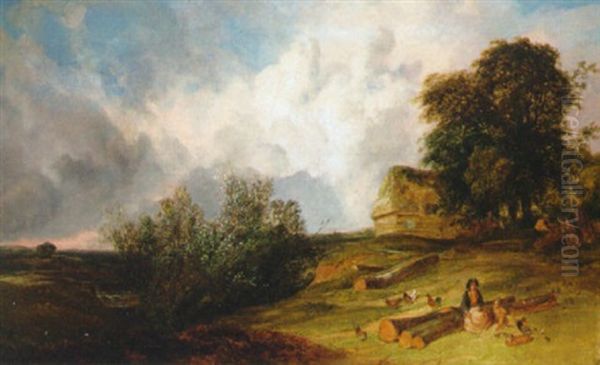 Figures Before A Barn With An Approaching Storm Beyond Oil Painting by Joseph William Allen