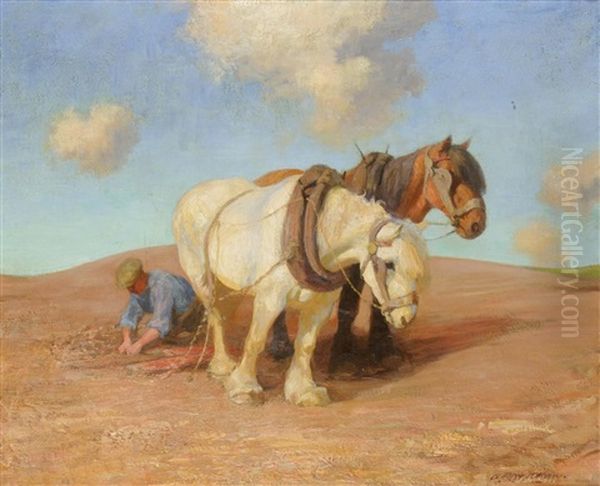 A Team Of Plough Horses With A Figure Oil Painting by Robert Weir Allen