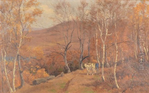 Steer In A Western Landscape Oil Painting by Thomas Allen