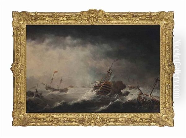 Men-o'war Caught In A Violent Storm Oil Painting by Thomas Allen