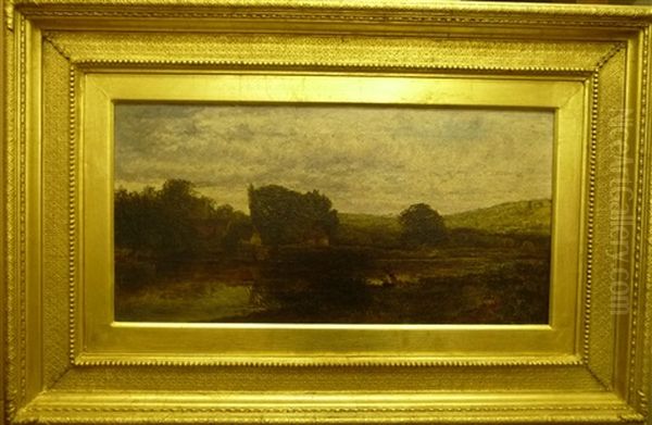 River Landscape With An Angler In The Foreground Oil Painting by William Herbert Allen