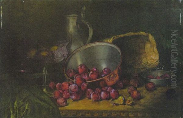 Stilleben Mit Pflaumen In Einer Kupferschussel Neben Einer Glasschale Mit Fruchten, Zinnkrug Und Korb Oil Painting by August Herrmann Allgau