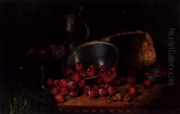 Plums, Apples, A Basket, A Copper Saucepan, And A Pewter Teapot On A Table Oil Painting by August Herrmann Allgau