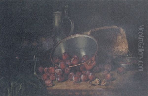 Plums In A Copper Saucepan, A Basket, A Pewter Jug, And A Glass Of Figs On A Table Oil Painting by August Herrmann Allgau