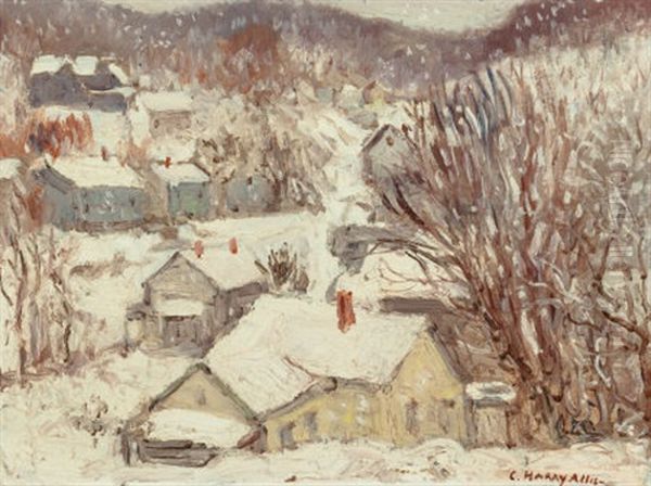 A Snowy Village Oil Painting by C. Harry Allis